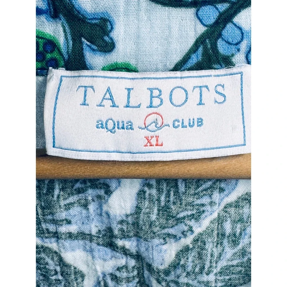 Talbots Aqua Club Cover Up Top XL Blue Green Floral Cotton Popover Swim Resort